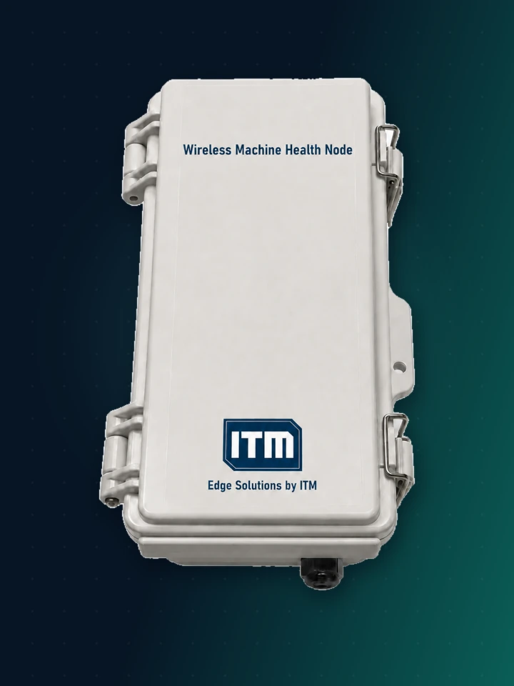 ITM Wireless Machine Health Node — a light grey sealed enclosure labelled Wireless Machine Health Node, with two hinges on the left, two stainless steel latches on the right and a black cable gland on the bottom edge